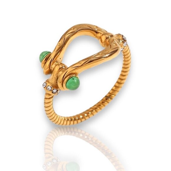 NWT Buckle Ring Sz.8 18K Gold Plated Green Zircon CZ Detail Boho Western - Picture 4 of 10